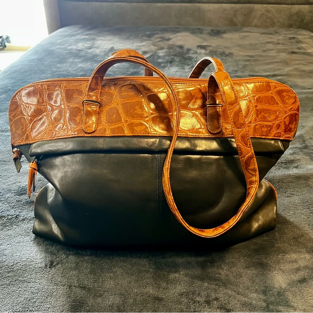 Vintage Vittoria Smooth Leather Croc 2 Tone Large Travel Work School‎ Zip Tote